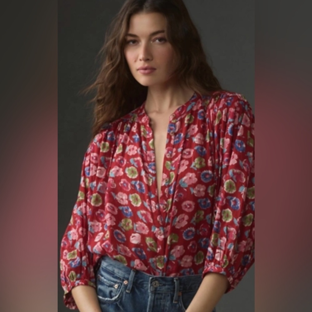 Anthropologie Pilcro The Sidney Red Floral Oversized Batwing Blouse Red Medium